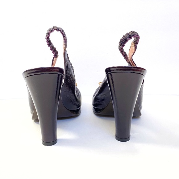 Marc Jacobs purple patent leather yellow gold bow peep toe slingback chunky heel - Picture 4 of 11